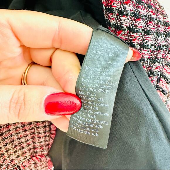 WHBM Pink Black Red Tweed Woven Peplum Ruffle Fringe Moto Zip Blazer Jacket 4 - Picture 8 of 15